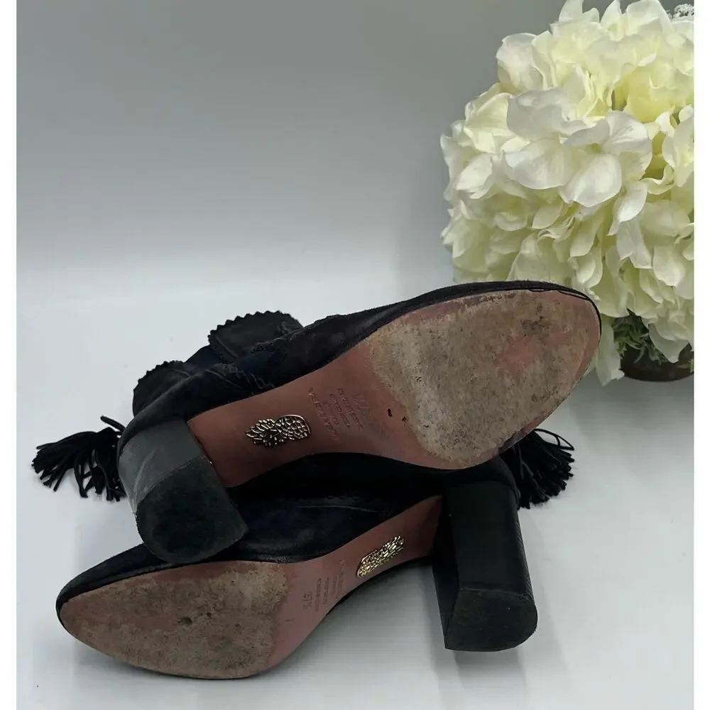 Aquazzura Firenze Black Gray Suede Tristan Fringe Ankle Bootie‎ Tassel 37.5,Sz 7